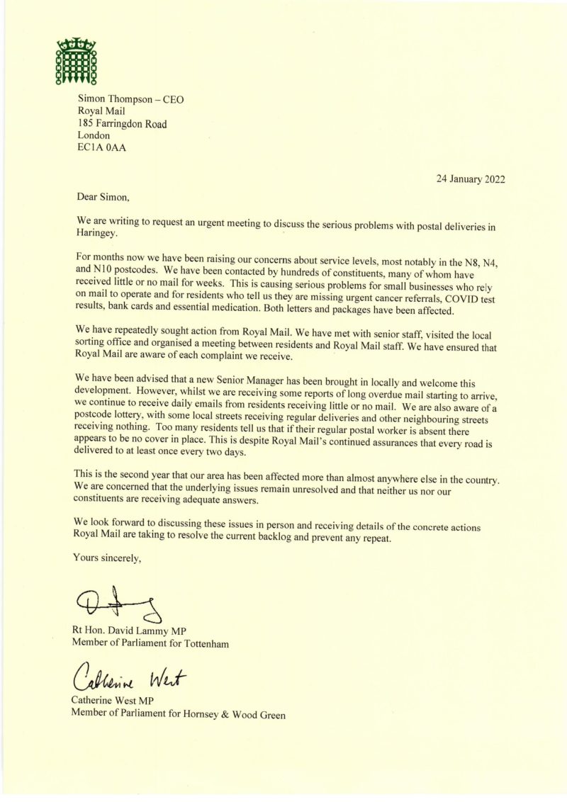David Lammy & Catherine West letter to Royal Mail CEO, Simon Thompson 24/11/2022